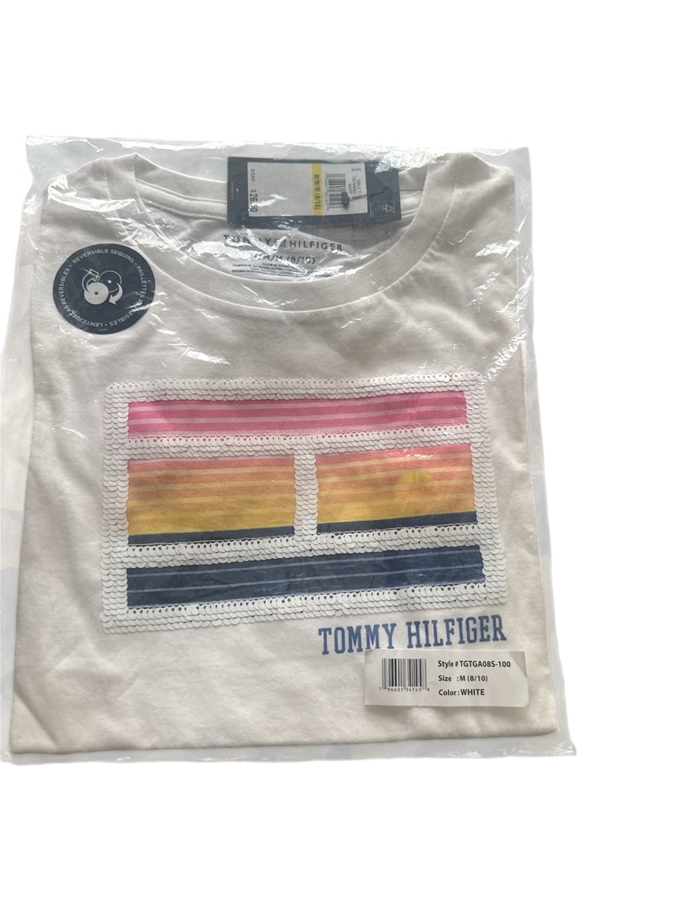 Tommy Hilfiger Kids Reversible Sequin Logo Tee White M 8/10 NWT